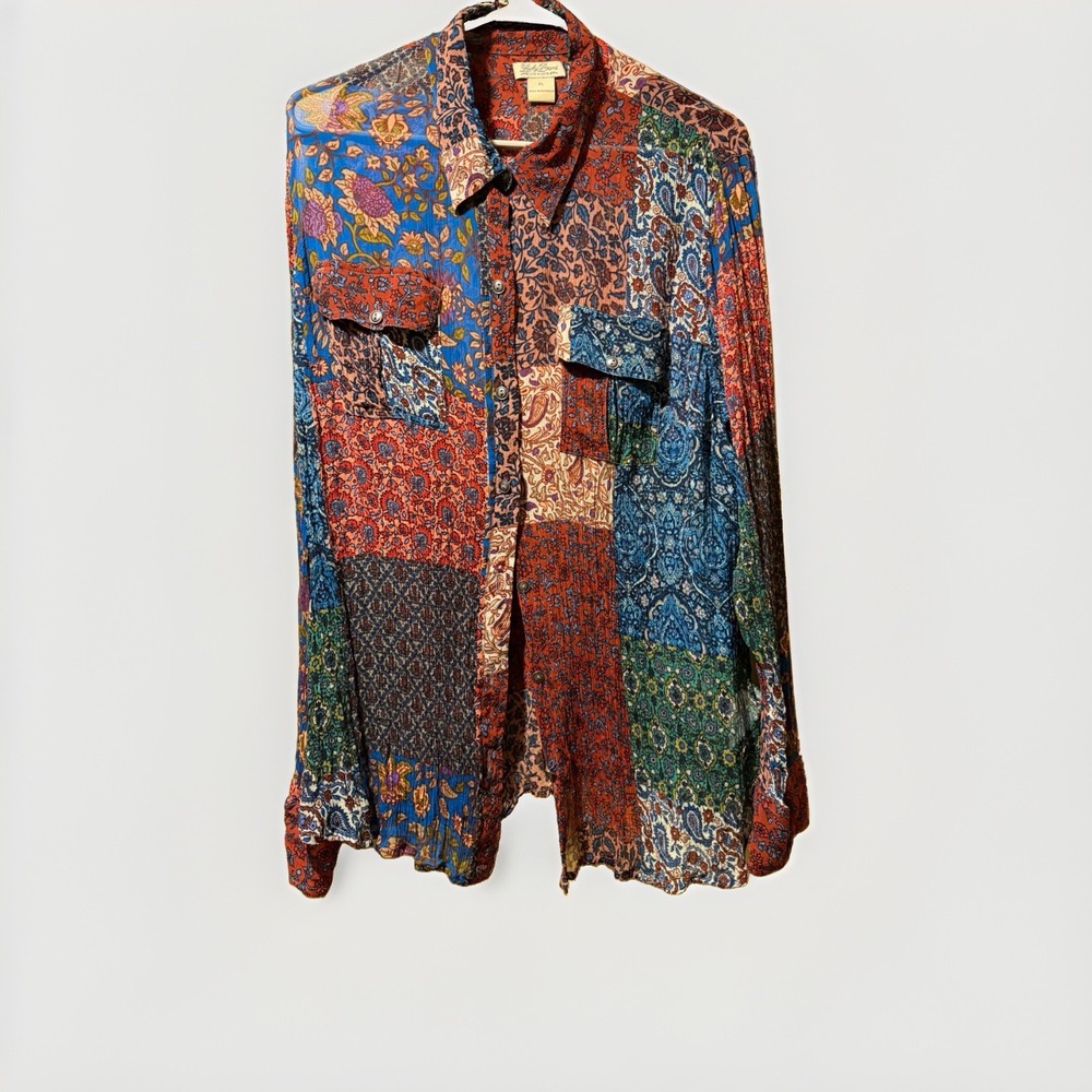 Lucky Brand Top Womens L/XL Boho Floral Patchwork Button Up Sheer Silky Y2K